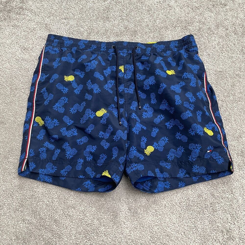 Tommy Hilfiger Swim Trunks Mens Medium Blue Pineapple Elastic Waist Water Beach